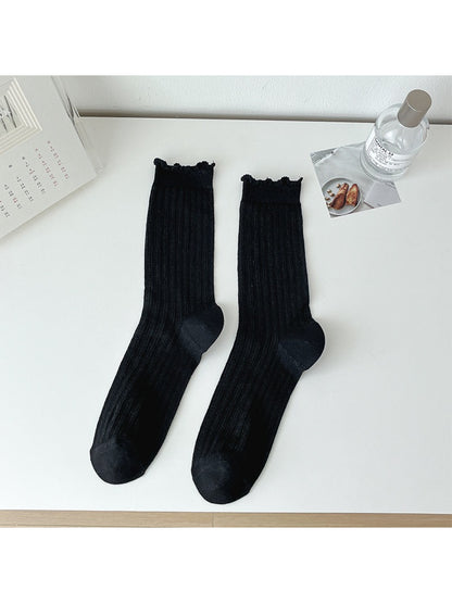Rufia lace white mid-calf socks shown from top down perspective