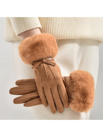 Gloving - Bow Detail Faux Fur Cuff Gloves