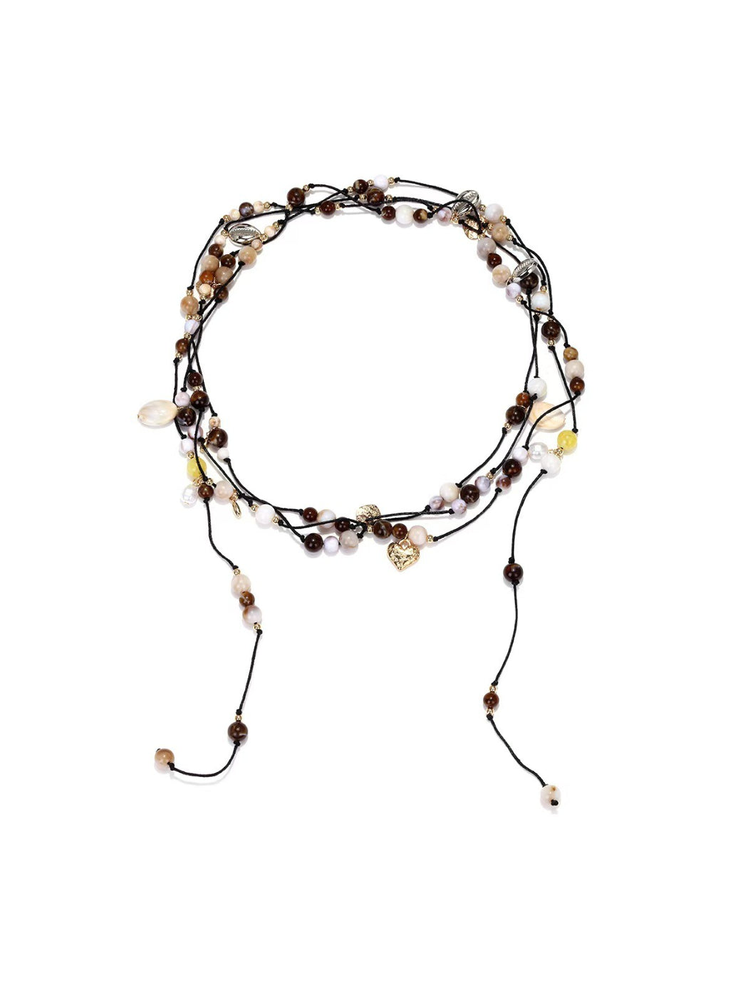 Neckit multi strand cord necklace displayed flat showing beaded detail on each strand