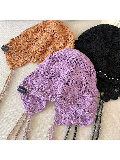 Haila - Women's Floral Openwork Tie Strap Beanie