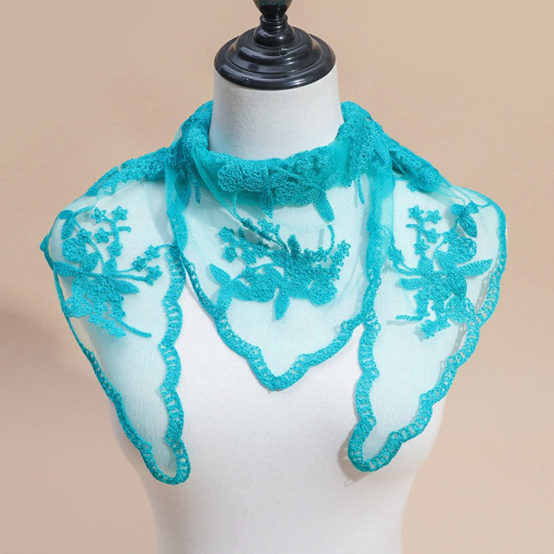 Haila lace veil head scarf folded with visible floral embroidery design