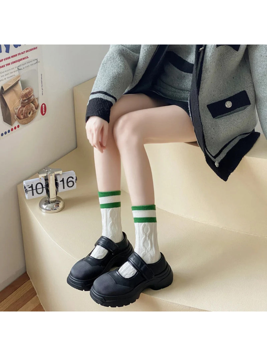 Rufia - Striped Ribbed-Cuff Cable Knit Crew Socks