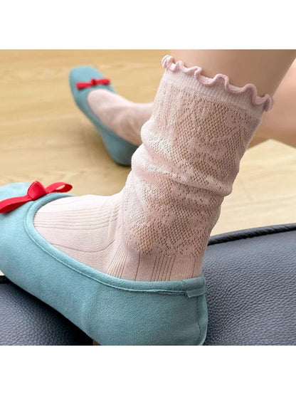 Rufia - Ruffle Trim Openwork Crew Socks