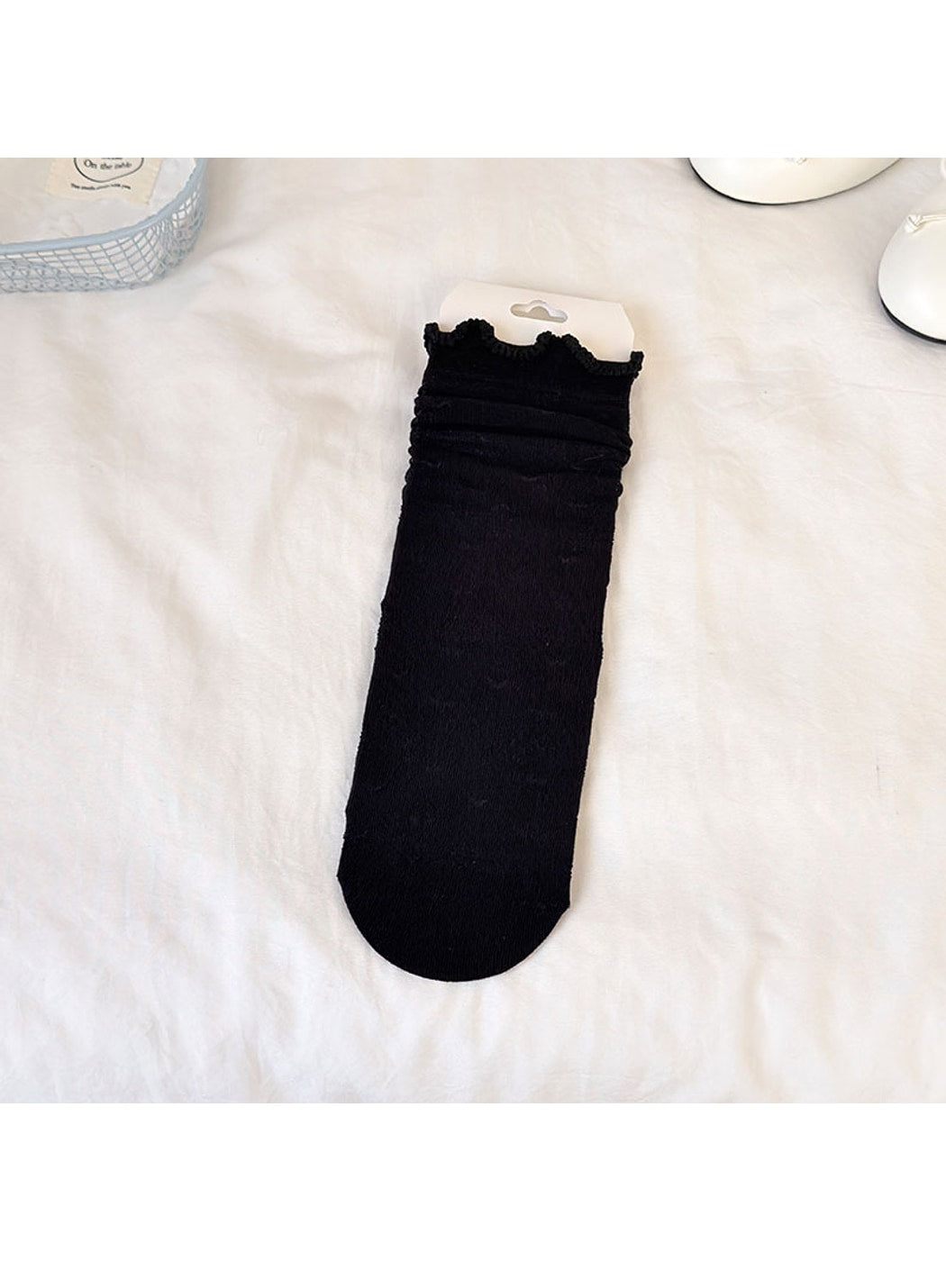 Rufia - Ruffle Cuff Black and Pink Solid Color Crew Socks