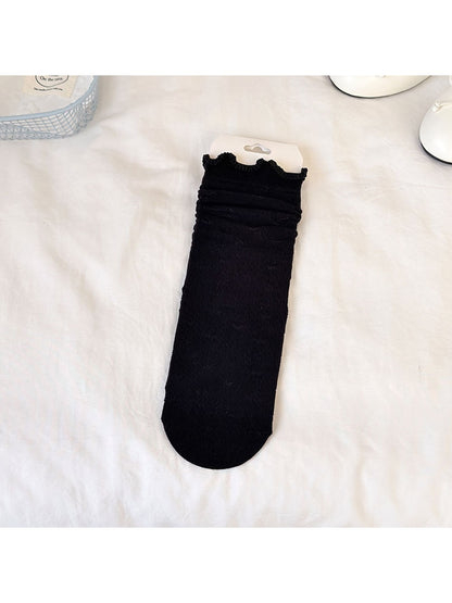 Rufia - Ruffle Cuff Black and Pink Solid Color Crew Socks
