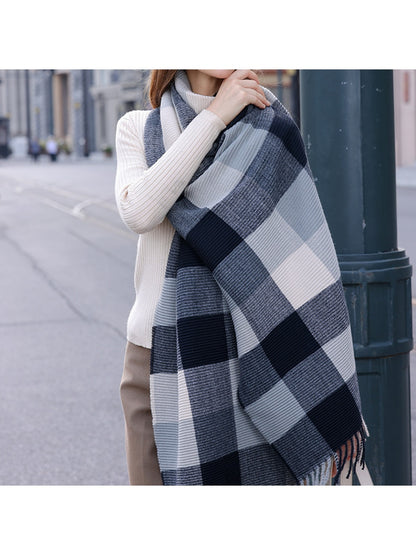 Scarvii - Ribbed Colorblock Plaid Fringed Scarf