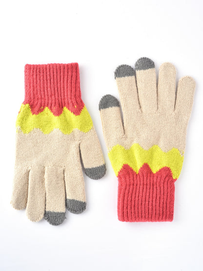 Knitting patchwork touchscreen gloves folded to highlight texture