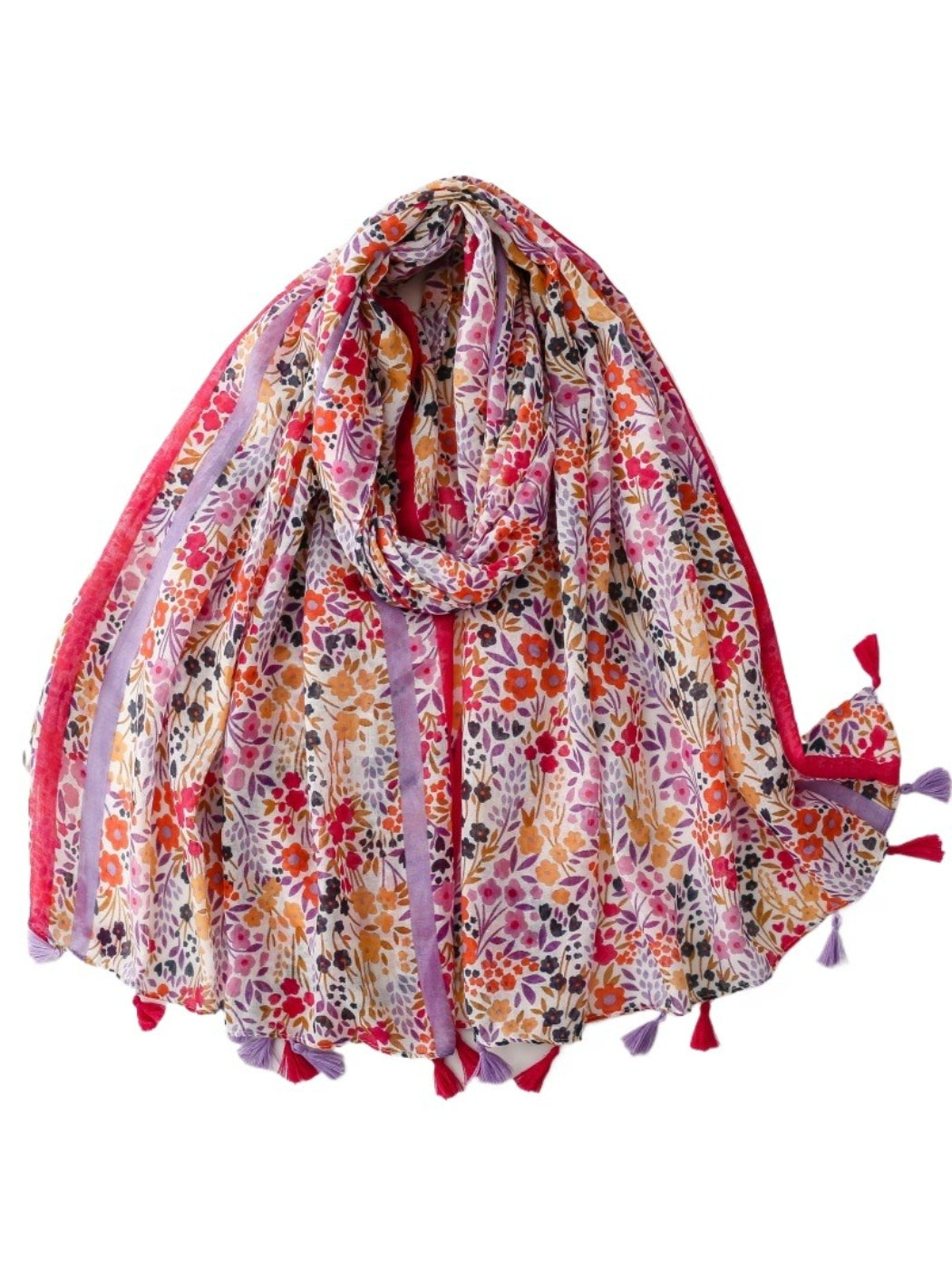 Bright floral scarf with colorful tassels displayed flat on white background