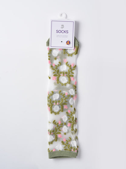 Rufia - Sheer Garden Flower Embroidered Crew Socks