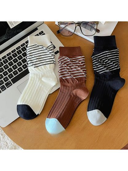 Rufia - Casual Rolled Cuff Stripes Crew Socks