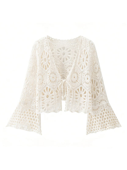 Crosa - Tie Front V Neck Knit Openwork Cardigan