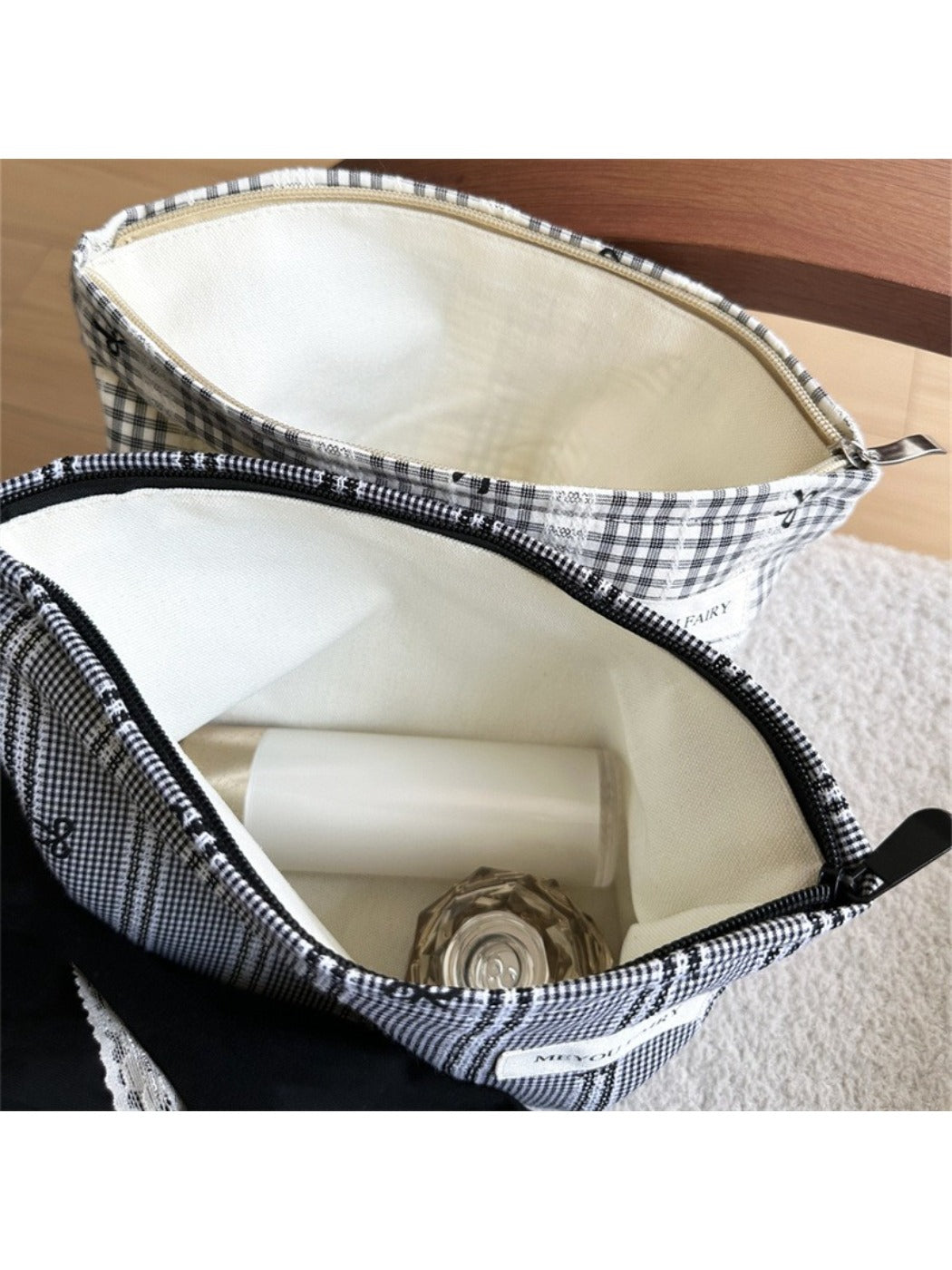 Cosbai gingham bow makeup pouch with visible bow and check pattern