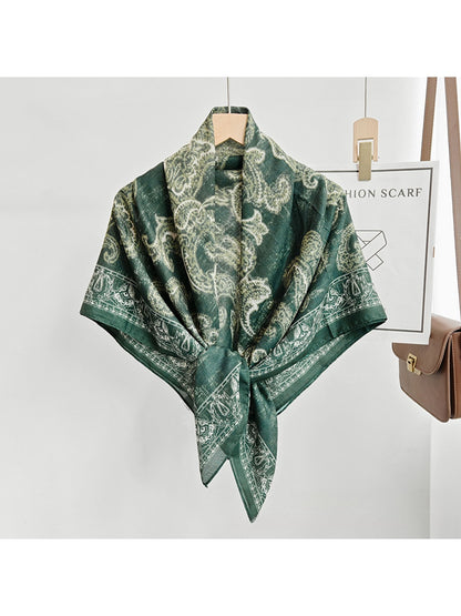 Scarvii - Green Paisley Floral Border Print Square Scarf