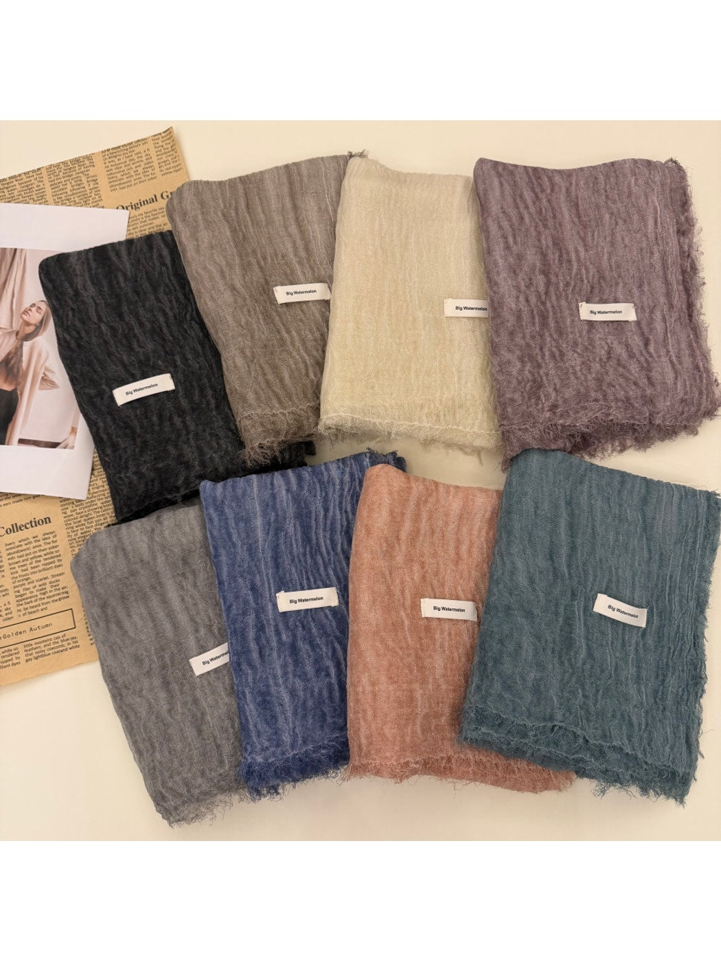Scarvii - Solid Color Pleated Design Long Scarf
