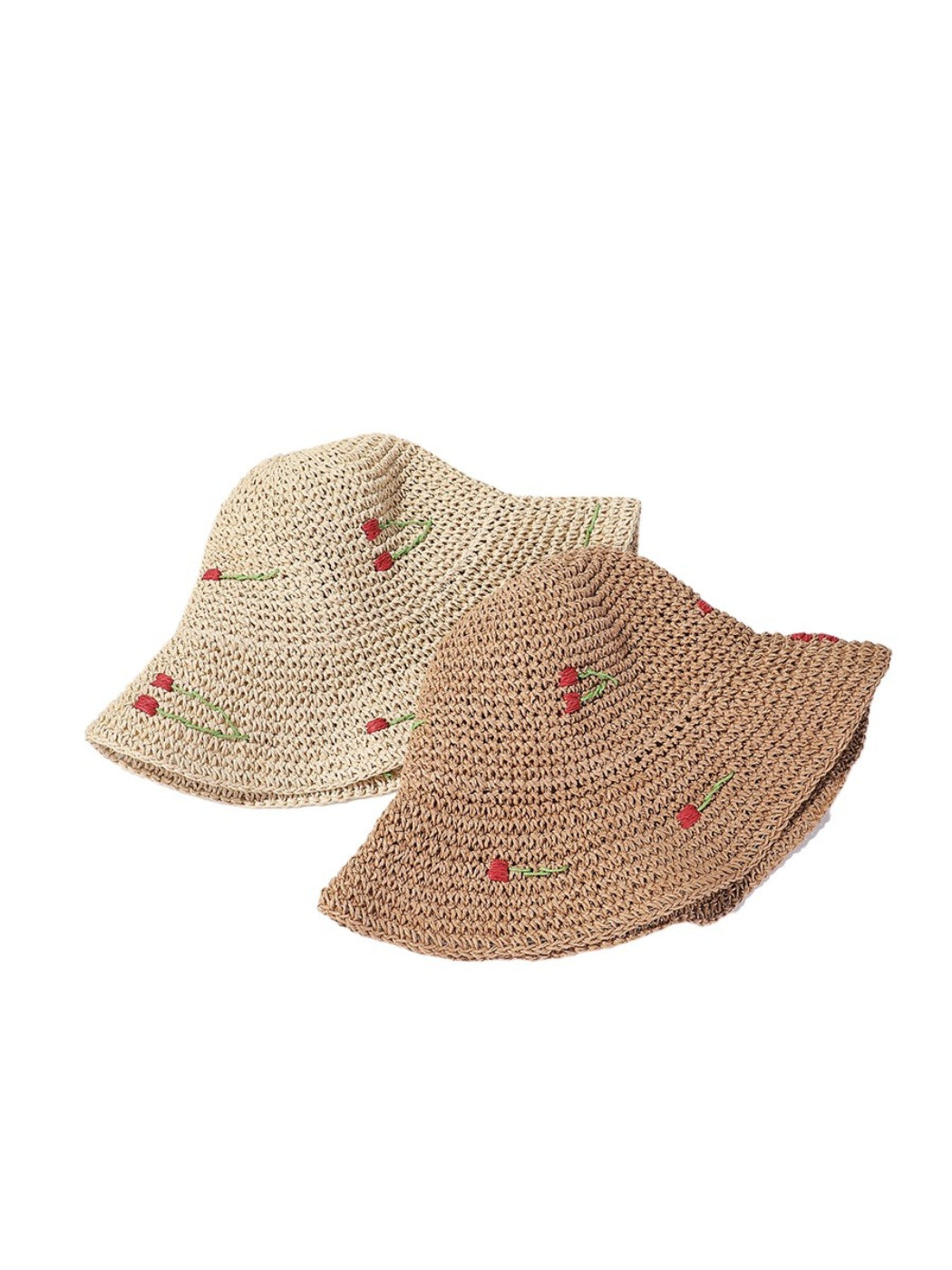 Haila Cherry Stitch Woven Sun Hat front view with wide brim and cherry red stitching