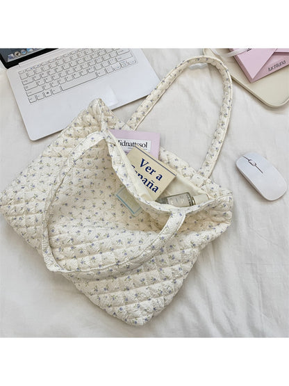 Cosbai - Floral Quilted Tote Bag with Cartoon Pattern