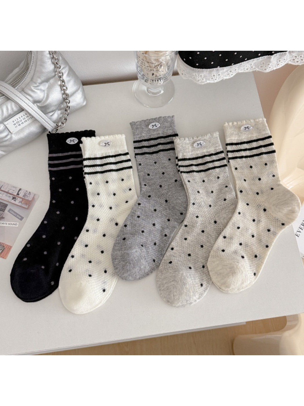 Rufia Ribbon Stripe Dot Crew Socks product image