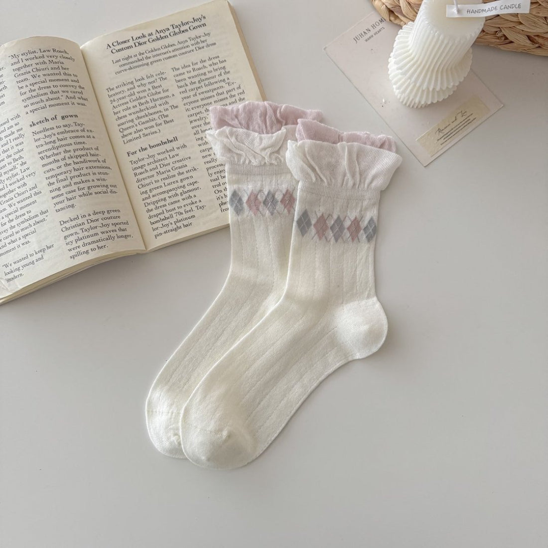 Close-up of soft knit fabric and ruffle trim on Rufia crew socks