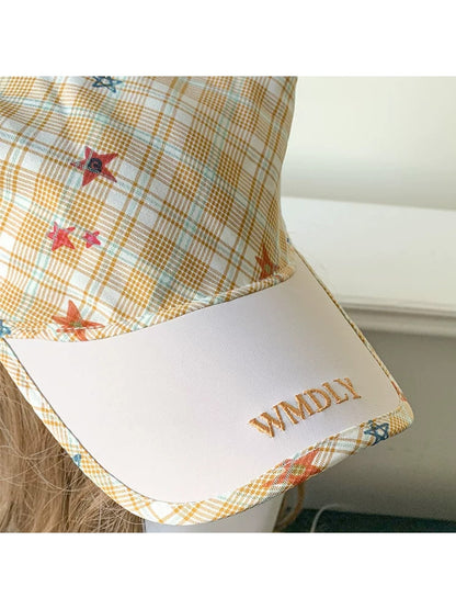 Haila - Plaid Star Pattern Curved Brim Headscarf Cap