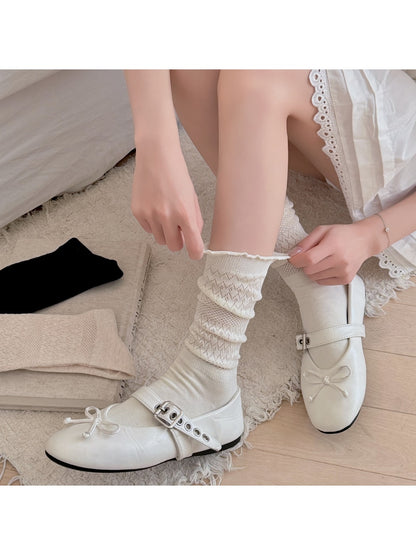 Rufia - Solid Color Ruffle Cuff Openwork Crew Socks