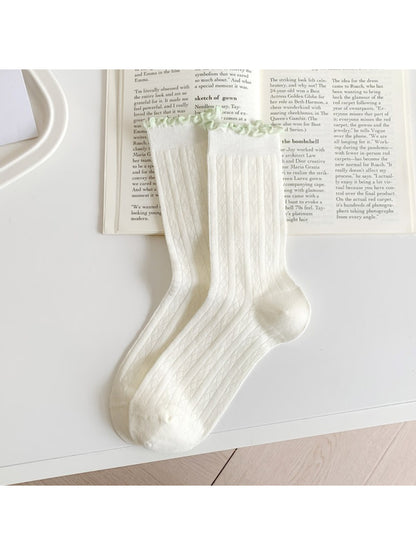 Rufia - Pastel Ruffle Edge Cable Knit Crew Socks