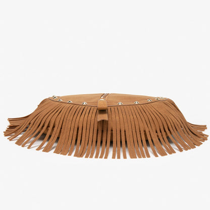 Cosbai - Vintage Brown Studded Fringe Saddle Bag