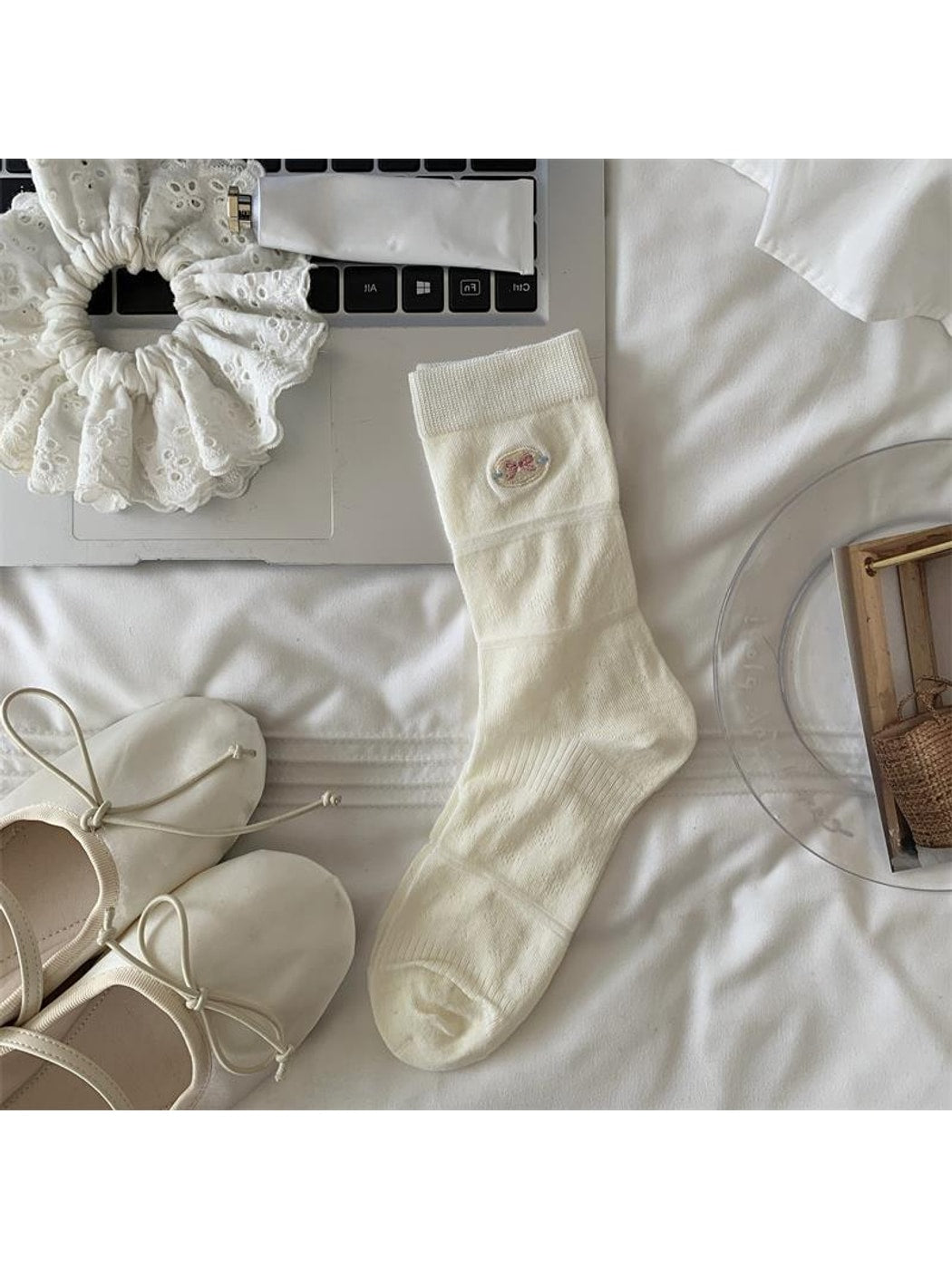 Rufia - Bow Embroidered Solid Color Crew Socks