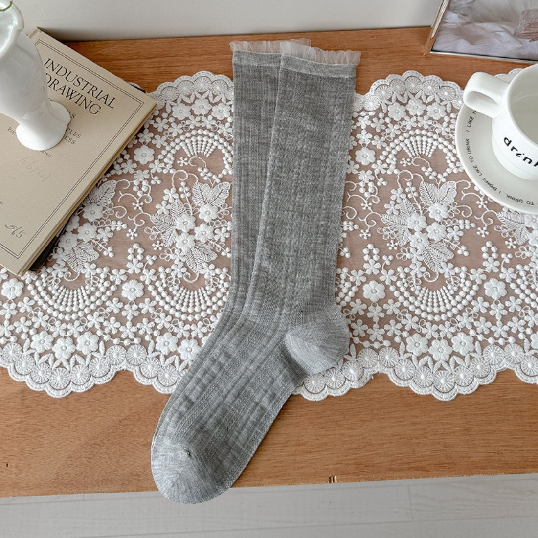 Rufia soft stretch ribbed crew socks folded neatly on white background