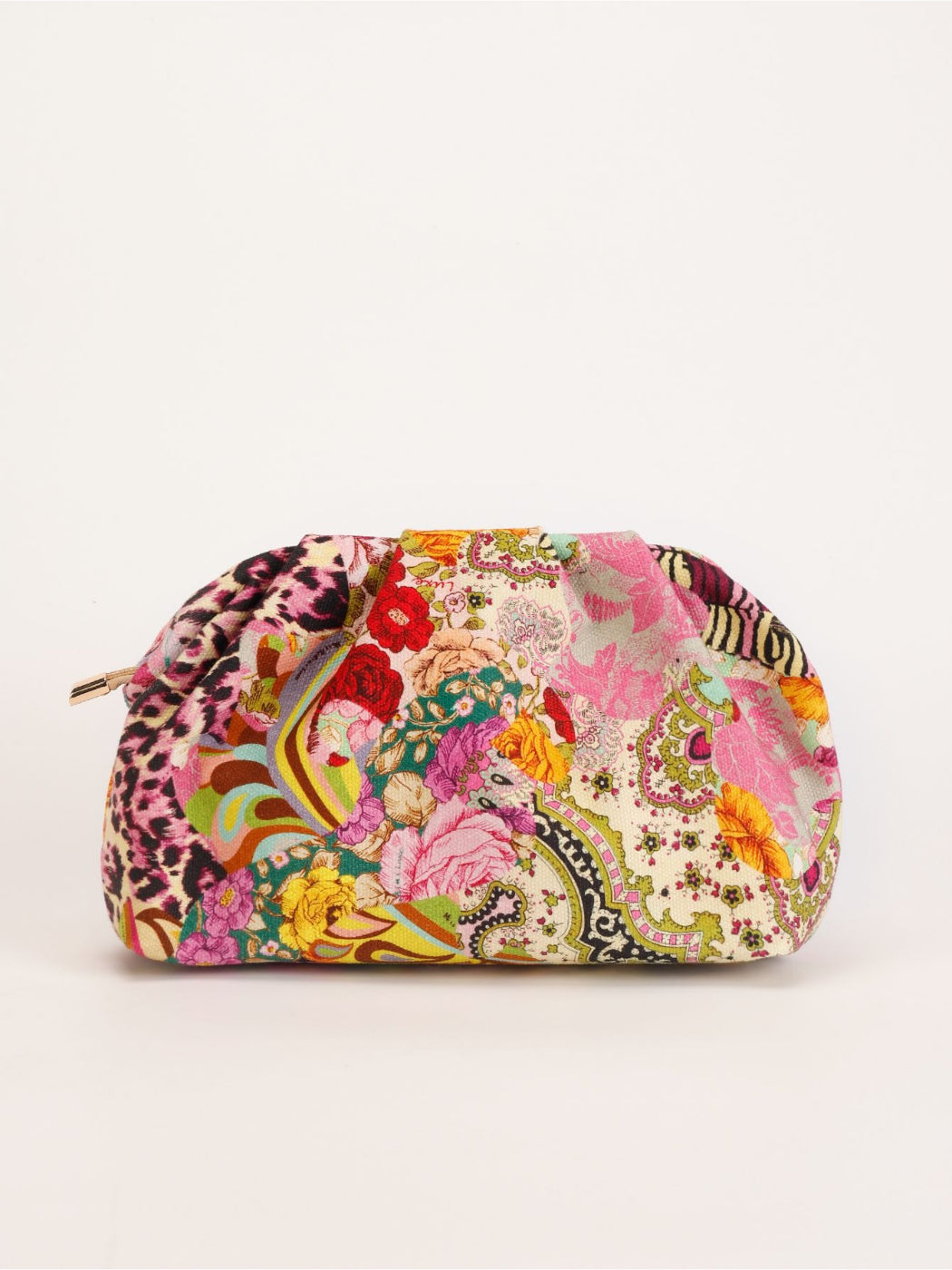 Cosbai clutch bag with colorful floral sequins and gold hardware displayed upright