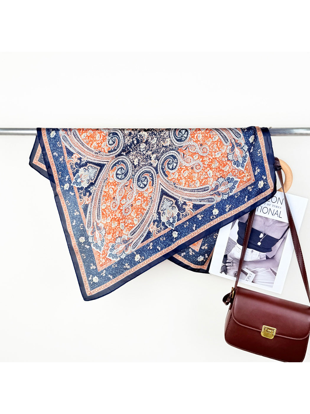 Scarvii Ornate Scroll Square Scarf styled as a headscarf on model with visible scroll pattern