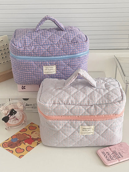Cosbai Puffy Check Travel Makeup Bag featuring puffy check design in neutral tones