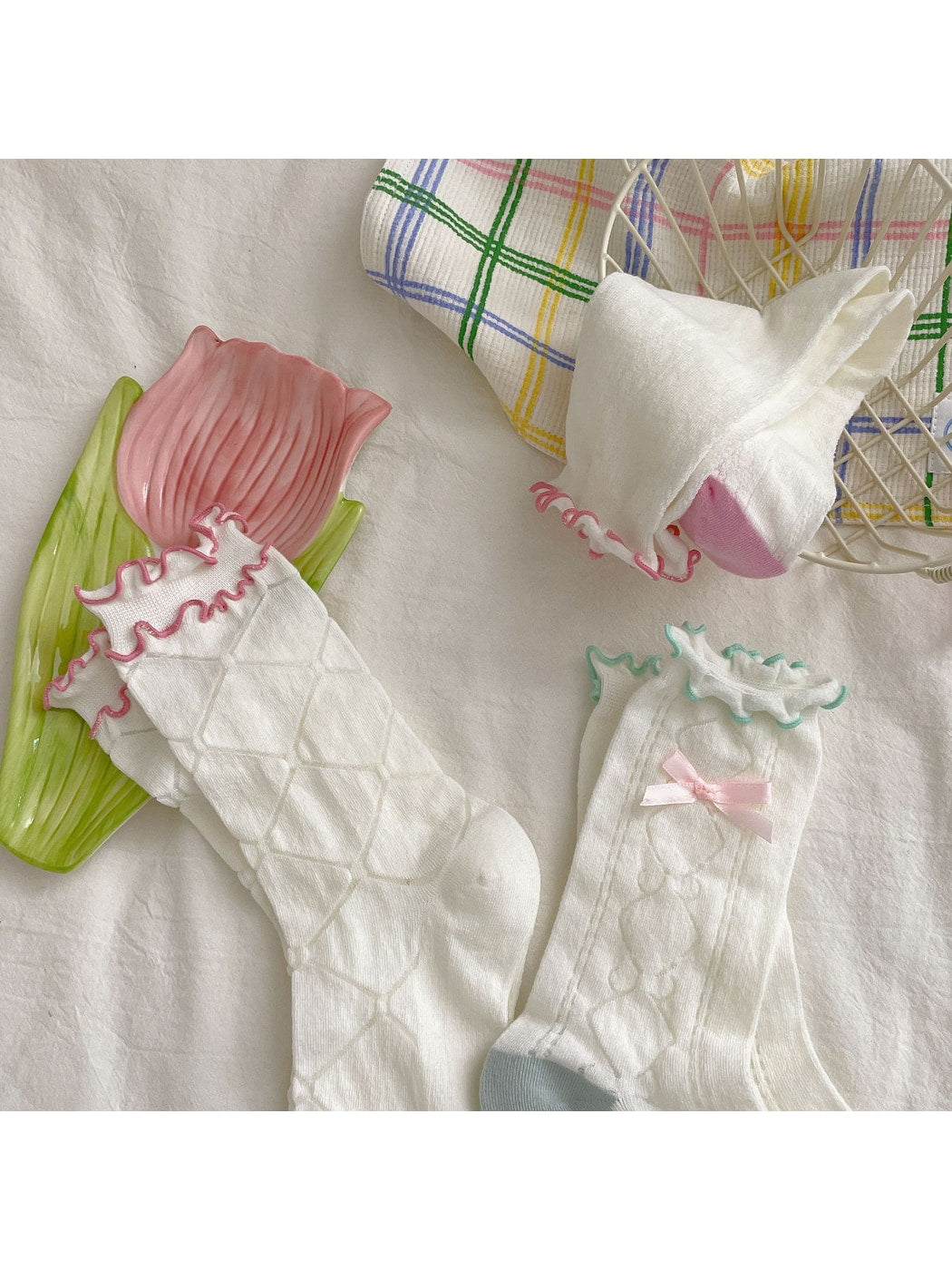 Rufia - Candy Colorblock Ruffle Trim Crew Socks