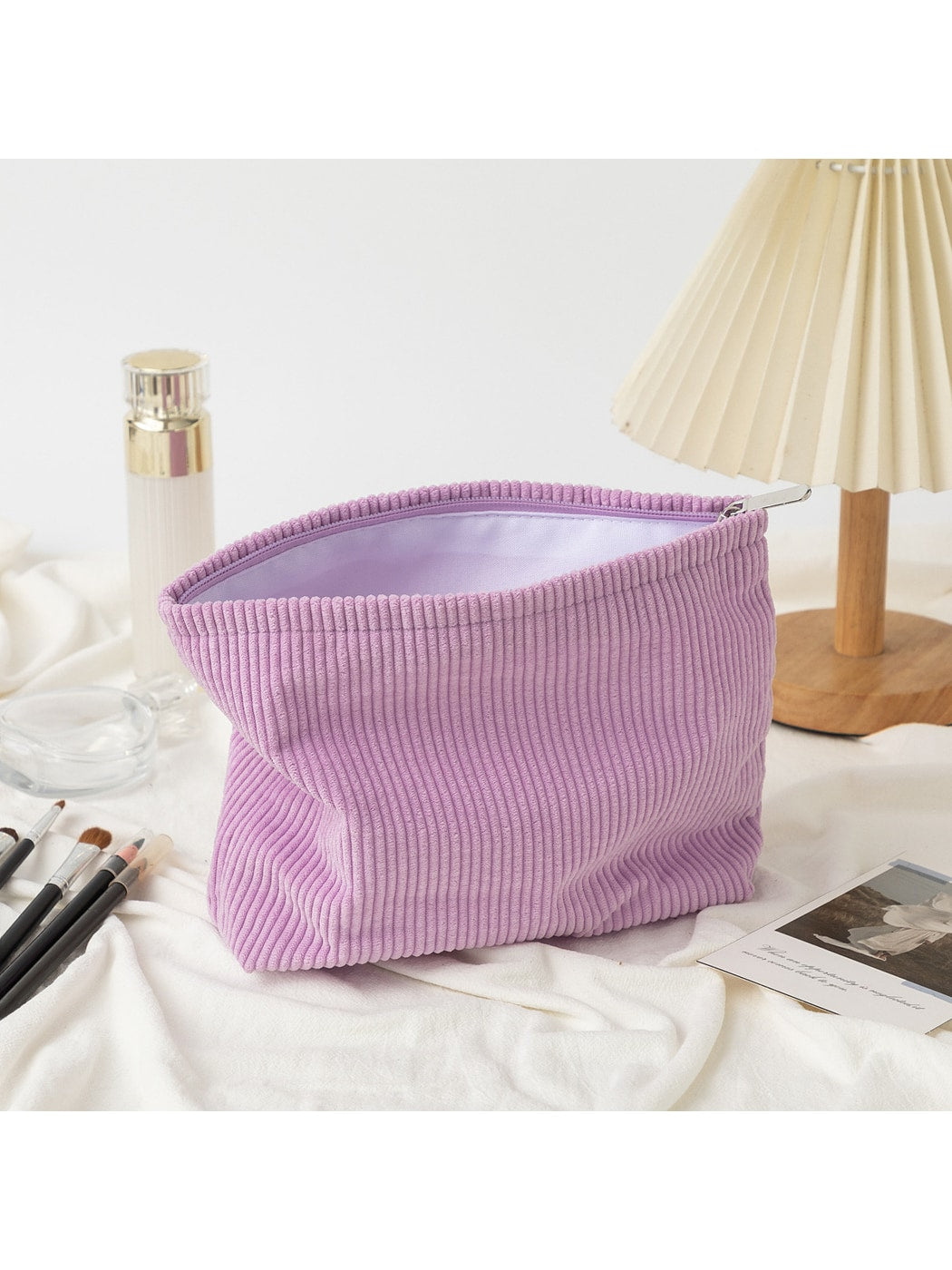 Cosbai - Minimalist Solid Color Ribbed Zip Pouch
