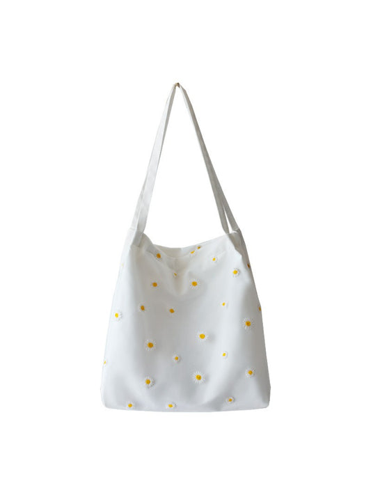 Cosbai - Daisy Embroidery Soft Shoulder Tote Bag