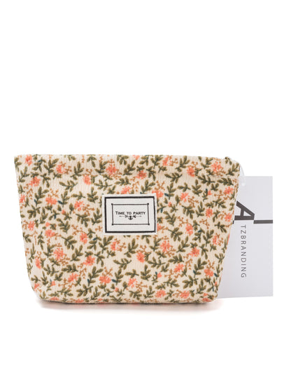 Cosbai - Corduroy Travel Cosmetic Pouch with Floral Patterns