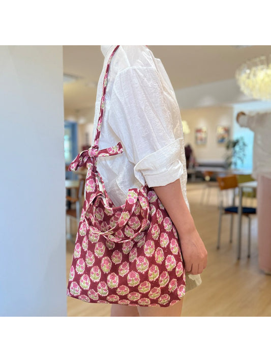 Cosbai - Floral Print Knotted Handle Tote Bag