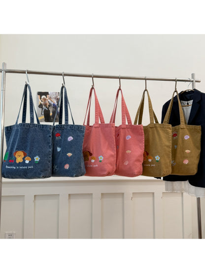 Cosbai - Denim Embroidery Tote Bag for Women
