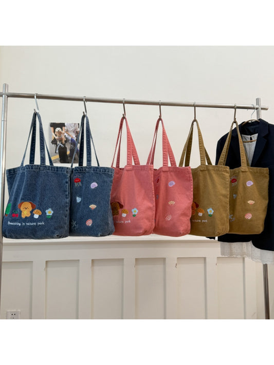 Cosbai - Denim Embroidery Tote Bag for Women