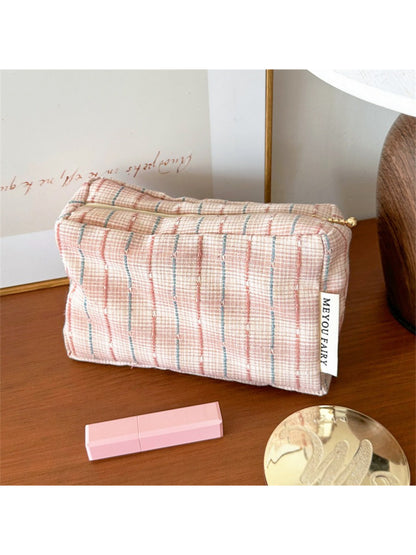 Cosbai pastel plaid cosmetic bag standing upright with visible plaid design