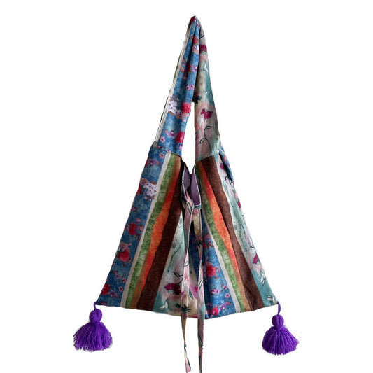 Boho striped floral slouchy tote bag with purple tassels