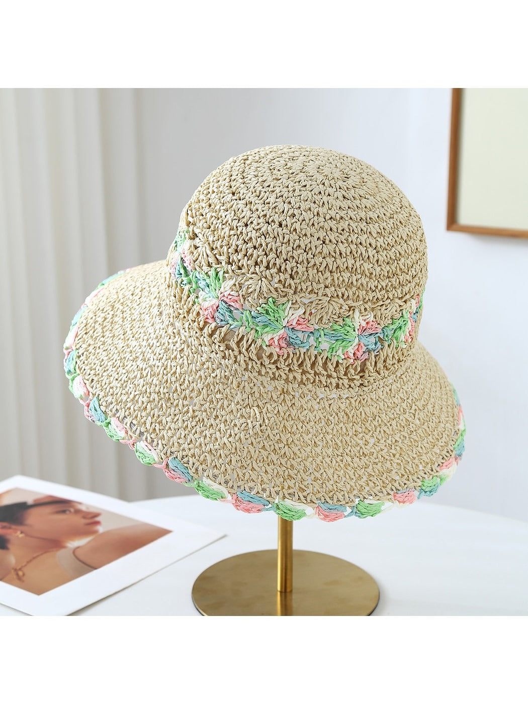 Haila - Floral Trim Wide Brim Summer Sun Hat