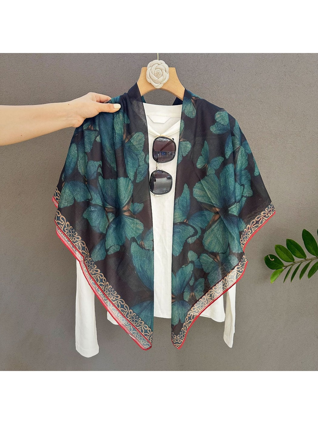 Scarvii - Green Butterfly Print Square Scarf