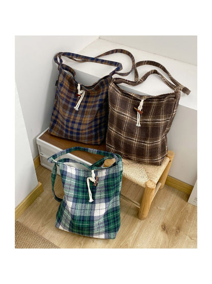 Cosbai – Vintage Plaid Tote with Knotted Detail