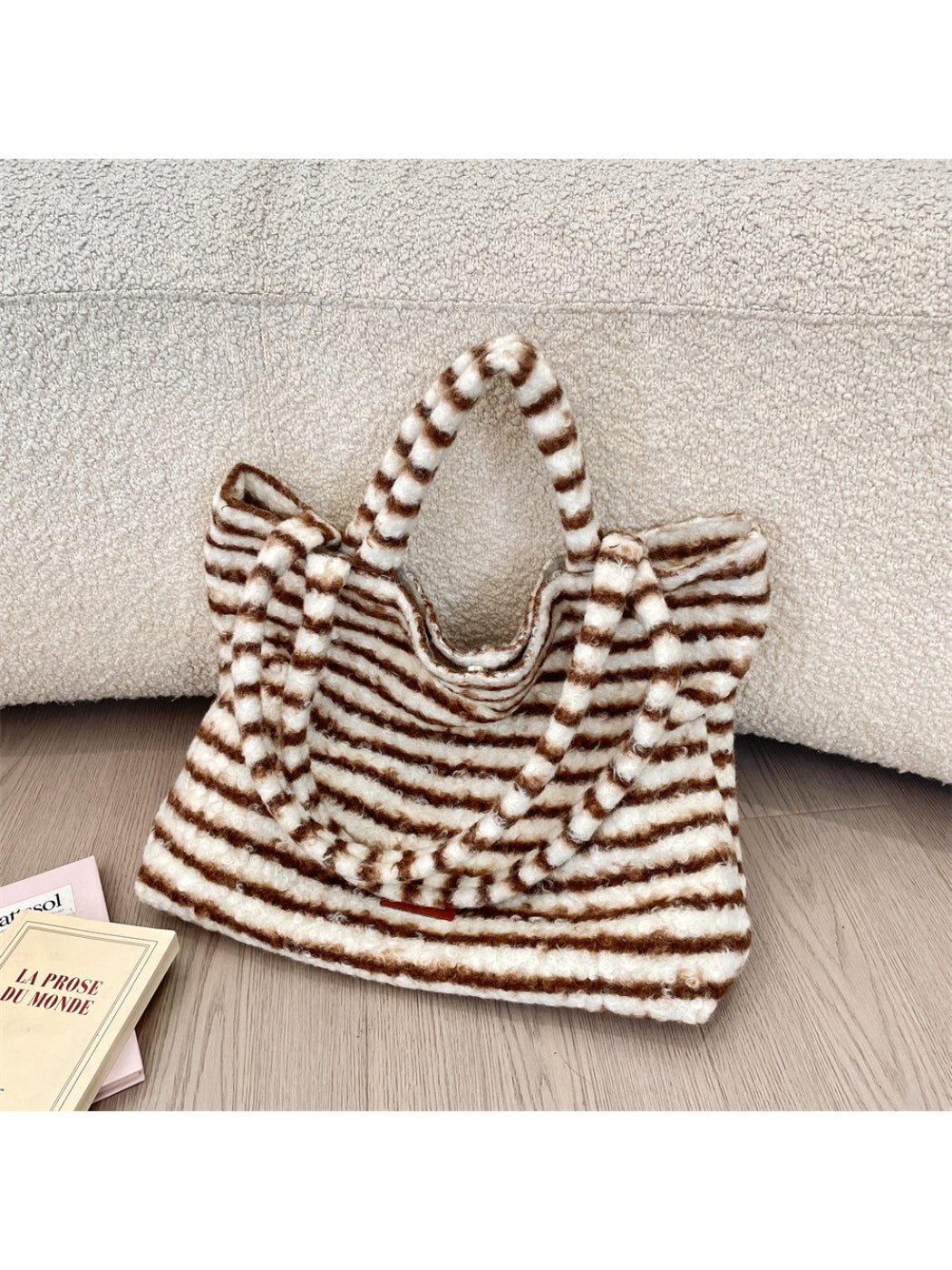 Cosbai - Soft Striped Fuzzy Shoulder Tote Bag