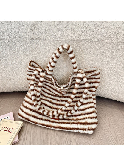 Cosbai - Soft Striped Fuzzy Shoulder Tote Bag