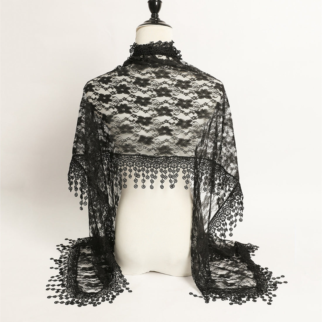 Sheer floral lace wrap scarf styled with casual outfit on model