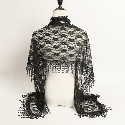 Sheer floral lace wrap scarf styled with casual outfit on model