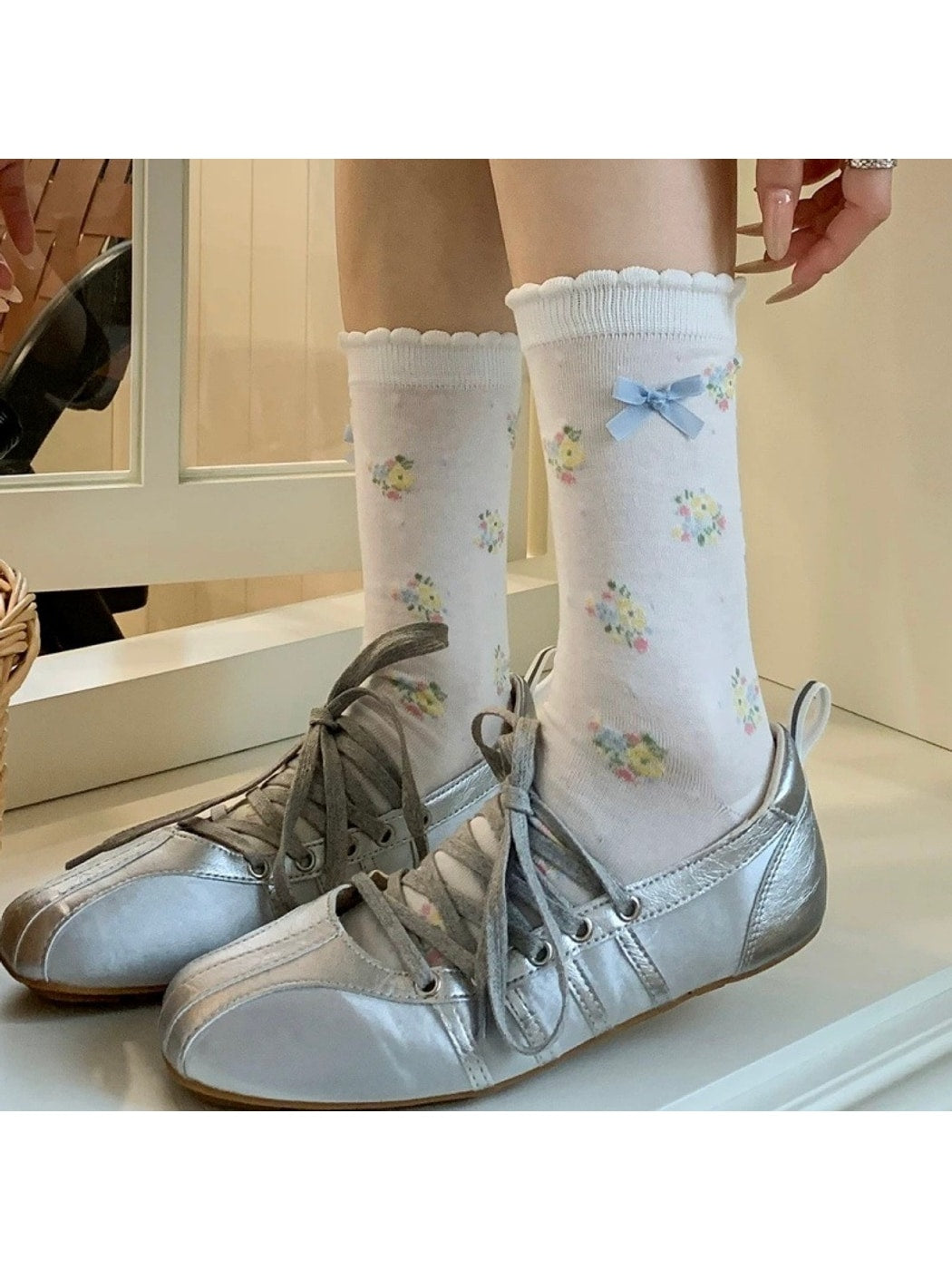 Rufia - Floral Crew Socks with Bow Accent