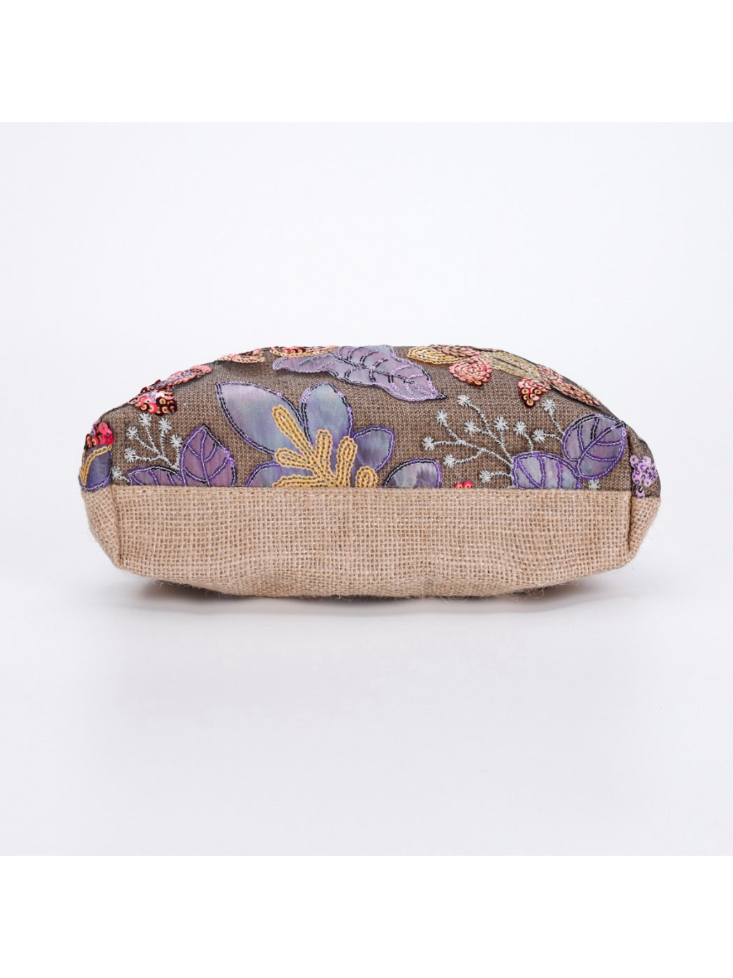 Top view of Cosbai evening clutch bag showing gold frame and floral sequin decoration