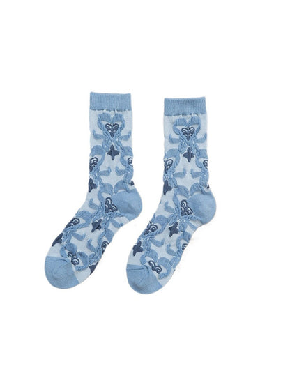 Rufia - Retro Blue Floral Mid-Calf Socks - Classic & Elegant